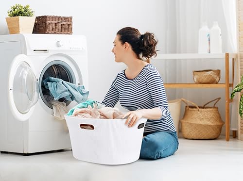 Image of Superio Ribbed Collection - Decorative Plastic Laundry Basket with Cut-Out Handles, White (2 Pack) Hamper Organzier for Bedroom Bathroom College Dorm Room 35 Liter