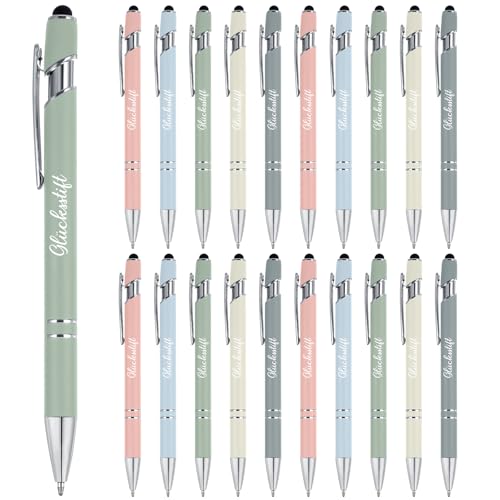 Tenare 20 Stück Glücksstift Schwarze Tinte Kugelschreiber mit Touchpen Inspirierende Druckkugelschreiber für Prüfung Abitur Aufmunterung Genesung Kollegen Familien (Sanfte Farben)