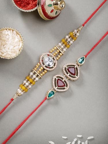 Image of Sukkhi Rakhi Excellent Kundan & Pearls Designer Gold Plated Premium Rakhi for Brother with Roli Chawal & Greeting Card|Rakhi for Brother /Bhaiya /Bhai /Men|Kundan Rakhi|Rakhi Combo-Set of 2