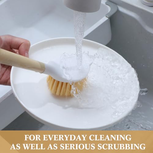 Image of Patelai 20 Pack Kitchen Dish Brush with Wooden Handle Scrub Brush Built in Scraper 9.3'' Tough Bristles Medium Handle Dish Scrubber for Pans Kitchen Sink Cleaning Dishwashing