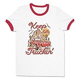 Keep on Truckin' Ringer Tee Shirt Unisex Small White/Red