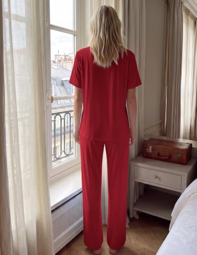 Image of HNG Women Pajamas Set 2 Piece Button Up Pajamas Pant and Short Sleeve Shirt for Woman Pj Sets with Pocket