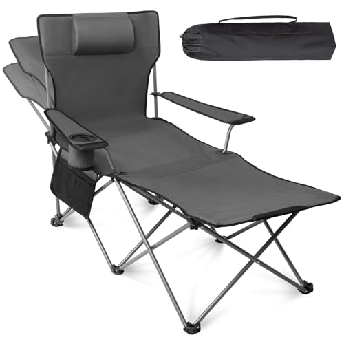 apollo walker Reclining Beach Chair, Adjustable 90-135° Backrest Camping Lounge Chairs for Adults, Folding Chair with Foot Rest & Detachable Pillow - Standard 6-Leg, Grey