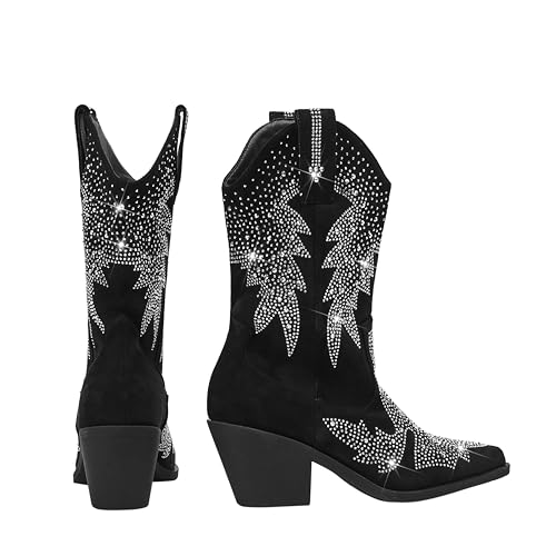 Women's Sparkly Rhinestone Bling Cowgirl Suede Western Boots Shiny Pointed Toe Chunky Heel Glitter Ankle Booties4