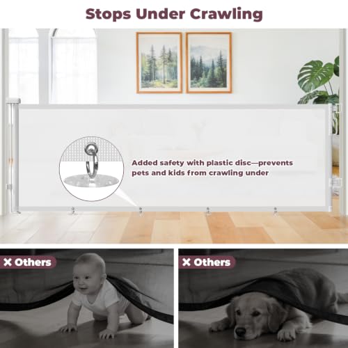Image of 96 inch Retractable Baby Gate, Long Mesh Dog Gate for Garage Deck Porch | Strong Suction Disc Prevent Crawling Under, 34 inch Tall Child Safety Gate for Large Openings, Indoor Outdoor Use, White