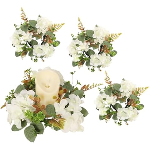 Xnferty 4 PCS Artificial Flowers Candle Rings, 9.8 in Artificial Floral Wreaths with Green Leaves Fake Hydrangeas Wreath Flower Candle Rings Candleholders Garland for Wedding Cover