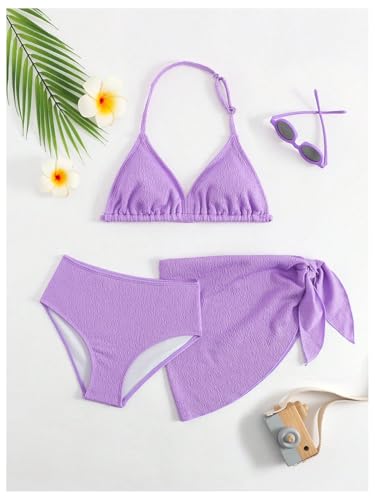 Image of SHENHE Girl's 3 Pieces Halter Triangle Bikini Sets Spaghetti Strap Swimsuit Smocked Bathing Suit with Beach Skirt