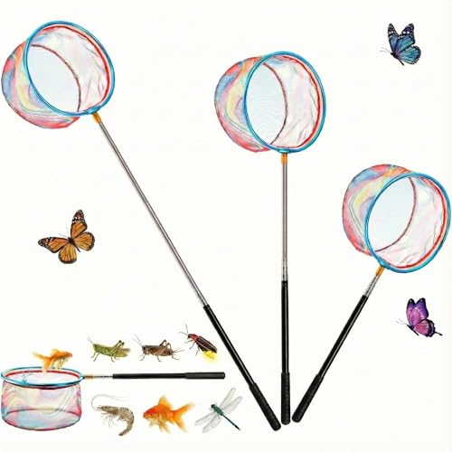 Image of Goaste 3 Pack Kids Fishing Net, Telescopic Lightweight Landing Net, Bug Insect Catching Net with Stainless Steel Pole Handle for Kids Outdoor Playing, Extendable from 26 inch to 67.5 inch