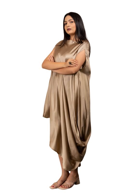 Mush Clothing Women Gold Side Knot Cowl Assymetric Satin Evening Gown Dress (Free Size, M to XXL).