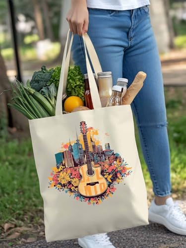 Retro American Style City Floral Guitar Canvas Tote Bag, Aesthetic Canvas Tote Handbags for Women Shoulder Bag4