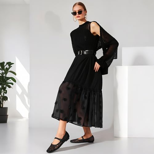 Image of Woven Mesh Ballet Flats Shoes for Women with Elastic Strap Square Toe Breathable Slip On Flat Mary Janes Dress Casual Shoes