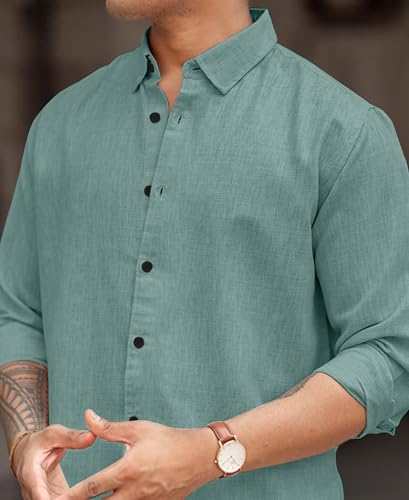 Image of Men's Solid Linen Blend Cotton Shirt | Full Sleeve Plain Shirt for Men | Regular Fit Casual & Formal Wear