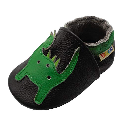 YALION Baby Soft Leather Shoes with Suede Sole Anti-Slip Infant Toddler First Walking Crib Moccasins Cartoon Dinosaur(Black,6-12 Months)