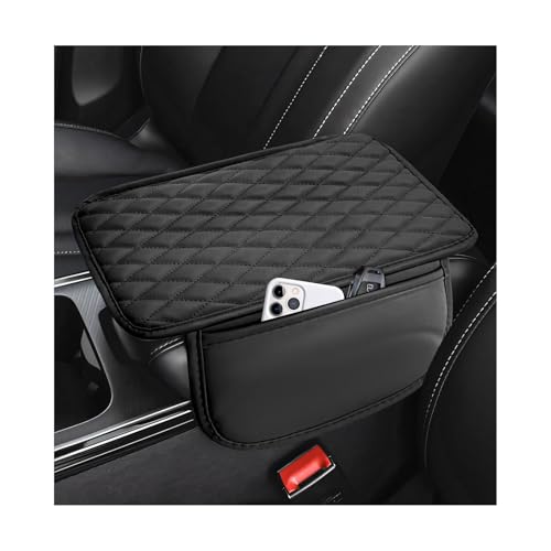 KPEOY Car Center Console Cover, Waterproof Leather Vehicle Armrest Cushion Pad with 2 Storage Pockets, Wear-Resistant Center Console Protector Armrest Cover for Cars Trucks SUVs (Black)