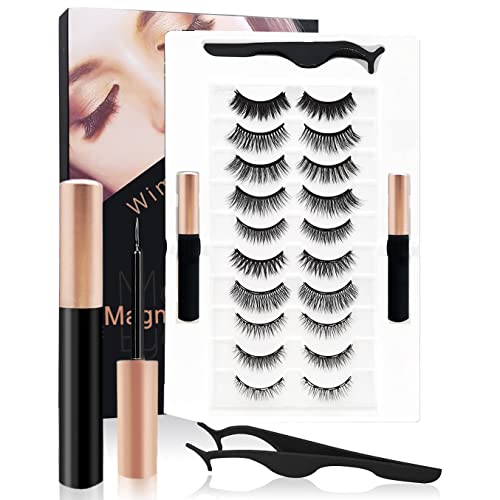 Magnetic Lashes with EyelinerMagnetic Kit,10Pairs Reusable Magnetic Eyelashes Natural Looking Lashes Pack,2 Tubes Magnetic Eyeliner,3D Magnetic Fake Eyelashes Kit With Lash Tweezers,No Glue Needed