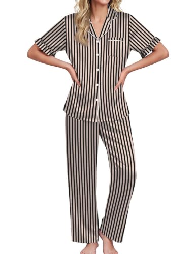 Image of Ekouaer Silk Satin Pajamas for Women Set 2 Piece Short Sleeve Button Up Pjs | Two Side Pockets,Soft Bridesmaid Lounge Set,Bridal Ruffle Sleepwear,Wedding Party,Honeymoon Vacation,Postpartum