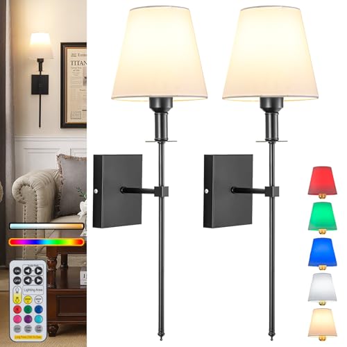 Aiehnid Battery Operated Wall Lights Set of 2，with Color Temperature Dimmable Remote Control，Battery Powered Non Hardwired Wall Lamp，for Bedroom Farmhouse Bedside Reading Light (Black)