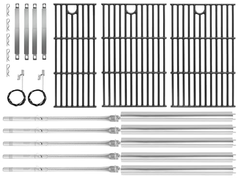 Image of Grill Replacement for Charbroil Performance 5-Burner Gas Grills 463448021 463449021 463455021 463458021, 17 inch Cast Iron Cooking Grates, Stainless Steel Heat Plates, Burner Tubes & Igniters Parts Kit