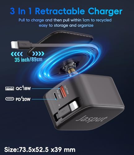 Image of 40W Retractable Wall Charger, 3 in 1 Retractable Phone Charger Wall Plug with Dual USB Ports,Fast USB C Chargers Block for iPhone 17 16 15 14,Galaxy S23 22,LG,Pixel