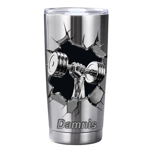 Reyrijf Personalized Dumbbell Pattern Cup with Name, Custom Stainless Steel Dumbbell Tumbler Mug for Men Women, Coffee Travel Mug for Bodybuilder, Workout Buddy Fitness Gift