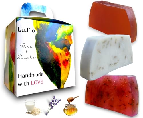 Jabones Artesanales con 95% Ingredientes Naturales – Set de 3: Lavanda, Miel & Leche de Cabra con Avena – Veganos – Regalo Natural para Mujer & Hombre – Sin Químicos – Cuidado Diario Suave