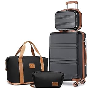 Kono 4-Piece Luggage Set, Lightweight ABS+PC Hardshell 12″ Cosmetic Case and 360° Swivel 20″ Carry-On Luggage with TSA Lock Includes Travel Duffel Bag and Toiletry Bag (Black/Brown)
