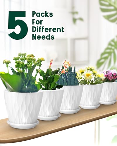 Goproauto 6 Inch Indoor Planter Pots with Drainage Hole and Tray Saucer,Flower Pots for Indoor Outdoor Garden Plants and Flowers, Multicolor, 5 Packs (White)