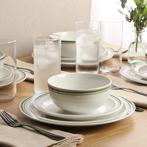 Image of Gibson Home Hometown Diner 12-Piece Porcelain Dinnerware Set, Round Plates and Bowls Set for 4, White with Green Rim, Dishwasher Safe - Dinner Plate, Salad Plate & Cereal Bowl