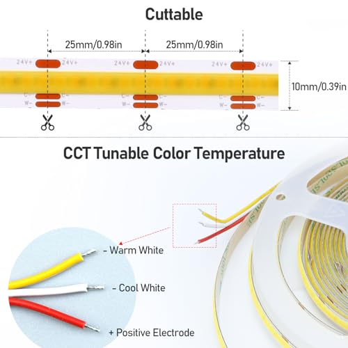 GOMING 24V CCT Tunable White COB LED Strip Lights 2700-6500K 5M 624LEDs/M CRI 93+ High Brightness No-Waterproof IP20 LED Tape Lights for Home Decoration(Controller and Power Supply Not Included) - Image 3
