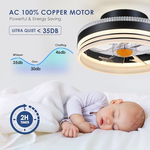 Image of Mpayel RGB Ceiling Fans with Lights, 13 inch Low Profile Ceiling Fan with Light and Remote, 3000-6000K Dimmable Modern Black Flush Mount LED Fan Light for Bedroom, Living Room, Kitchen