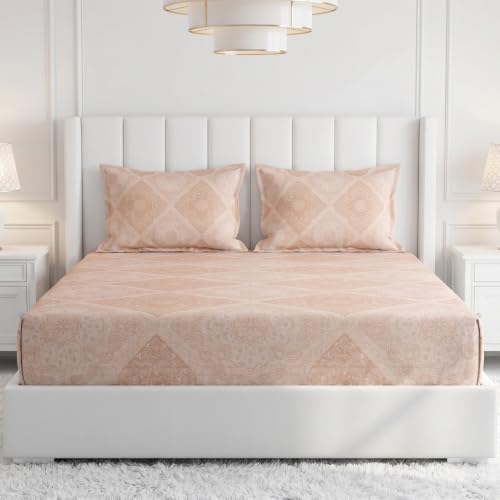 Image of Monte Carlo Eminence Double Bedsheet with 2 Pillow Covers | 144 TC Cotton Bedsheet for Double Bed | Soft & Breathable All Season Bedding Set | Beige Geometric Design | Bedsheet 87 x 100 Inches