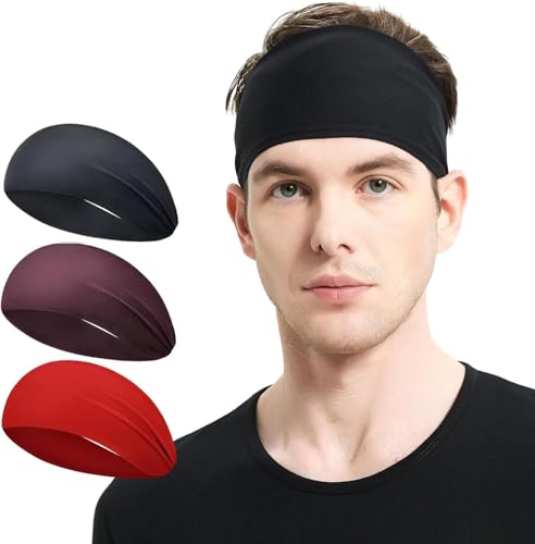 Image of PAROPKAR Workout Sweat Bands Headbands for Men Women Sport Non-Slip Head Band,Moisture Wicking Hairband, Long Hair, Quick Dry, Running, Yoga, Hiking, Tennis, Exercise Fitness Gym (Red Black Maroon)