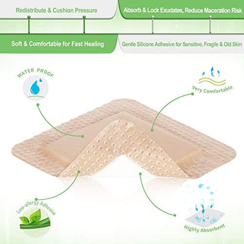 NeuHeils Silicone Adhesive Foam Dressing with Gentle Border 3''x3'' for Bed Sore, 10 Packs, High Absorbency Waterproof Silicone Wound Bandage for Foot Diabetic Ulcer - Thumbnail 5