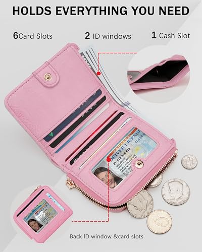 Small Wallets Woman RFID Bifold Wallet Women Slim Card Wallets for Women with Zipper Coin Pocket, 2 Id Windows (Pink)3