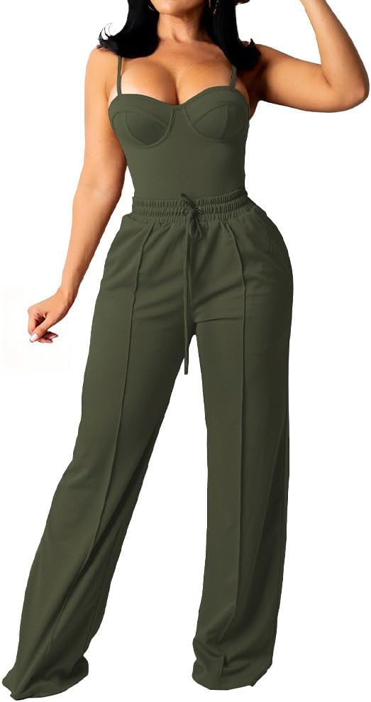 PINSV Women's Casual Wide Leg Pants High Waisted Drawstring Baggy Sweatpants Elastic Straight Leg Lounge Pants 721755