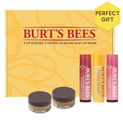 Image of Burt's Bees Lip Care & Color Gifts Kit - Original Beeswax Moisturizing Lip Balm, Hibiscus & Red Dahlia Tinted Stain + Balm Duos, Conditioning Scrub & Overnight Sleeping Mask Exfoliator
