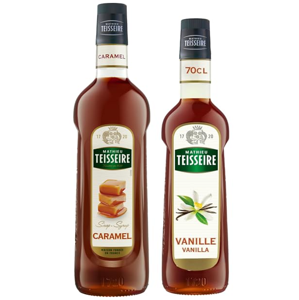 Mathieu Teisseire - Assortiment de Sirop de Caramel (1L) et de Sirop de Vanille (70cl) pour boissons chaudes et froides, cafés, chocolats 2 bouteilles.