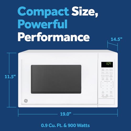 Image of GE Countertop Microwave Oven, Compact 0.9 Cubic Ft., 900-watt Capacity, 7 Auto Cooking Settings, Child-Lock Technology, Kitchen Essentials for The Countertop, Dorm Room or Apartment, White