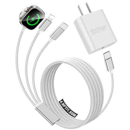Travel Essentials for Apple Watch Charger,iPhone Charger,Type C Multi Fast Charging Cable Cord with 20W Charger Block,Portable Designed for iWatch 11-2,iPhone 17-11,Galaxy 25,Home,Office-5FT