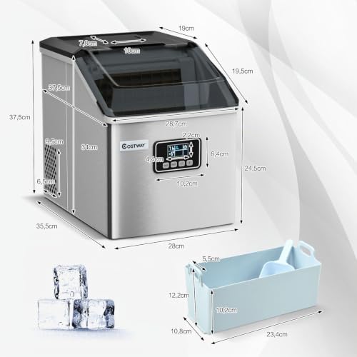 Foto von COSTWAY 2,4L Eiswürfelmaschine, Ice Maker 18kg in 24H, Eismaschine 24 Eiswürfel in 15min, Eiswürfelbereiter inkl. Schaufel/Timer/Selbstreinigungsfunktion Silber