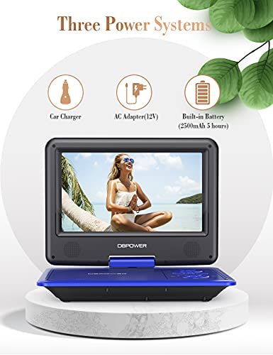 DBPOWER 11.5" Portable DVD Player, 5-Hour Built-in Rechargeable Battery, 9" Swivel Screen, Support CD/DVD/SD Card/USB, with Remote Control, 1.8M Car Charger, Power Adaptor and Car Headrest (Blue)