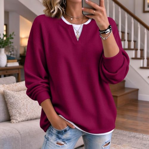 Waffle Shirt Women Faux Layered V Neck Waffle Knit Henley Tops for Women - image 2