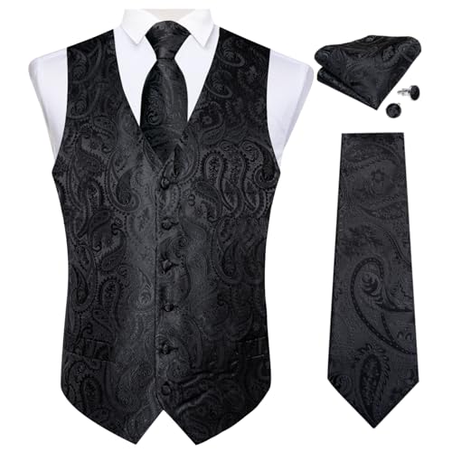 Image of DiBanGu Mens Vest and Tie Set Formal Paisley Waistcoat and Necktie Pocket Square Cufflinks Silk Suit Vest for Tuxedo Wedding