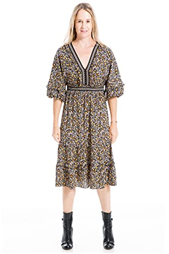 Max Studio Women's 3/4 Sleeve Tiered Bubble Crepe Dress, Black/Gold Ditsy Wall Panel, Extra Large