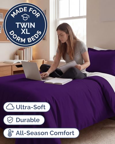 Image of Duvet Cover Twin /Twin XL Size Set - Extra Soft Twin /Twin XL Duvet Cover 68 inch x 90 inch with 1 Pillow Sham for Women, Men, Kids & Teens - Comfy, Easy-Care & Fade Free with Zipper Closures and Ties (Purple)