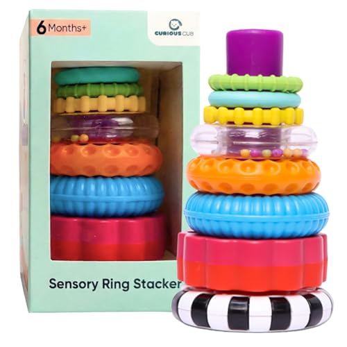 Image of Curious Cub Ring Stacker Baby Toy for 6+ Month Old Baby with Different Sensory Rings & Rattle | Stacking Montessori Learning Toy for Early Brain Development for Kids & Infants