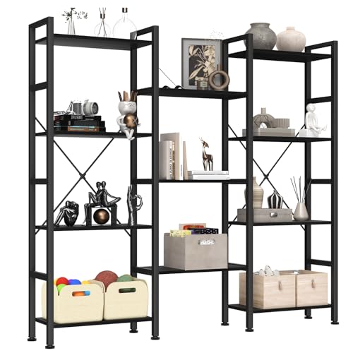 Image of DUMOS Triple Column 4 Tier Bookshelf with Adjustable Shelves, Wide Convertible Display Unit, Industrial Bookcase for Living Room & Home Office, Sturdy Freestanding Storage Decor Organizer, Black