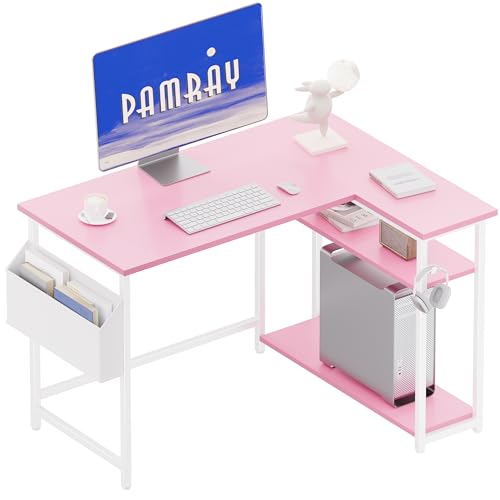 Pamray 40 Inch L Shaped Computer Desk with Reversible Side Storage Shelves Small Corner Desk for Small Space Home Office Writing Study Table PC Desk for Bedroom Pink