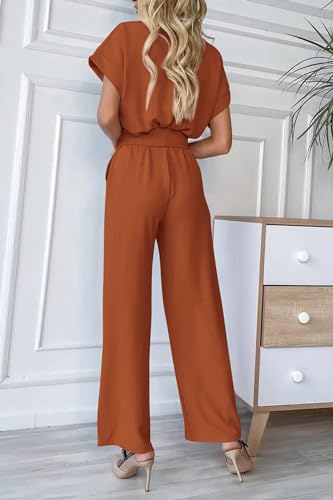 PRETTYGARDEN Women's Summer One Piece Jumpsuits Belted Short Sleeve Wrap V Neck Fashion Dressy Casual Wide Leg Pants Romper