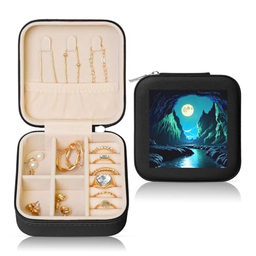 ZhRiYan Joyero cuadrado de cuero negro con estampado de cueva de luna de agua, colección de piedras preciosas de viaje, ideal para regalo de San Valentín